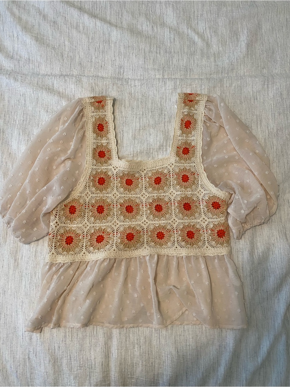 ILLA ILLA Cream Crochet Floral Peasant Top with Orange Centers